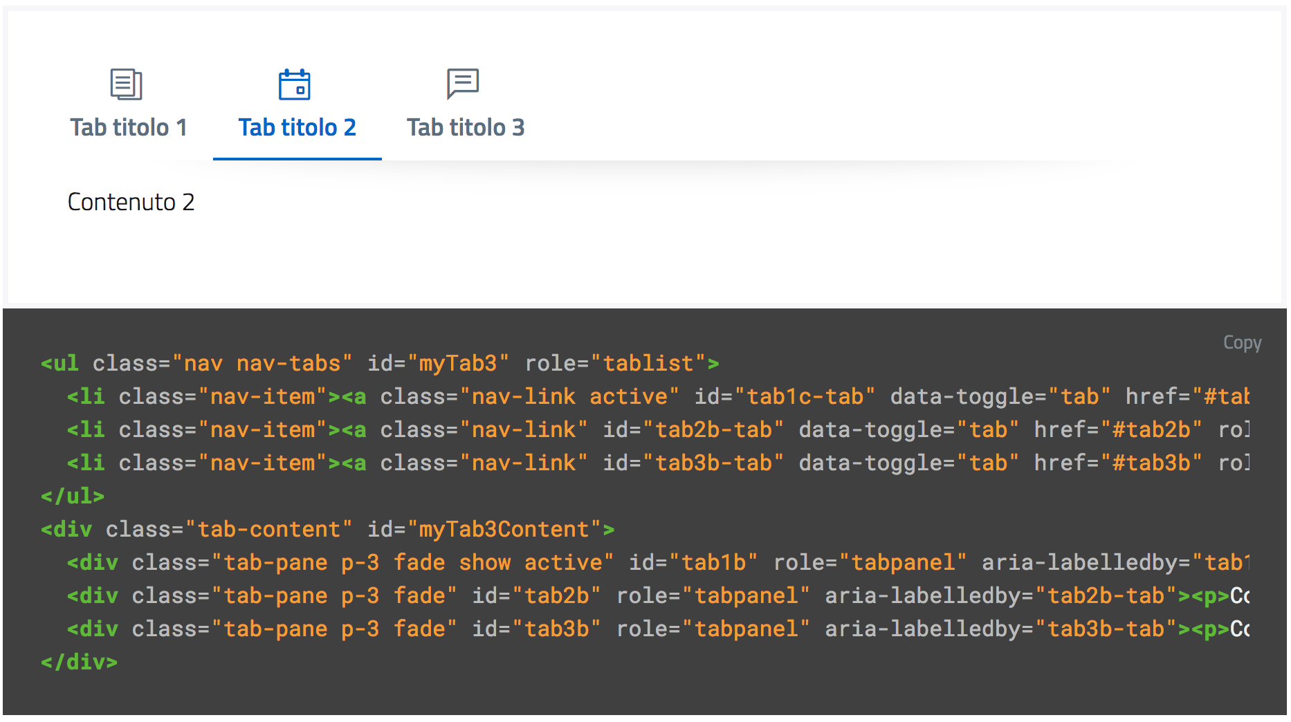 Un esempio del componente Tab di Bootstrap Italia.